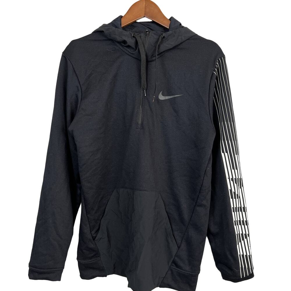 Nike Half Zip Pullover Hooded Pocket Spellout Long Sleeve Black - S
